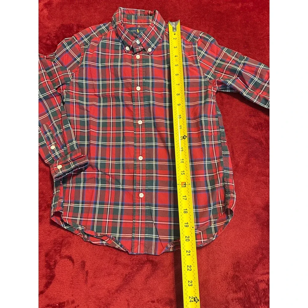 Ralph Lauren Boys Red Plaid Button Down Shirt Size 7 Long Sleeve Cotton‎ Pony